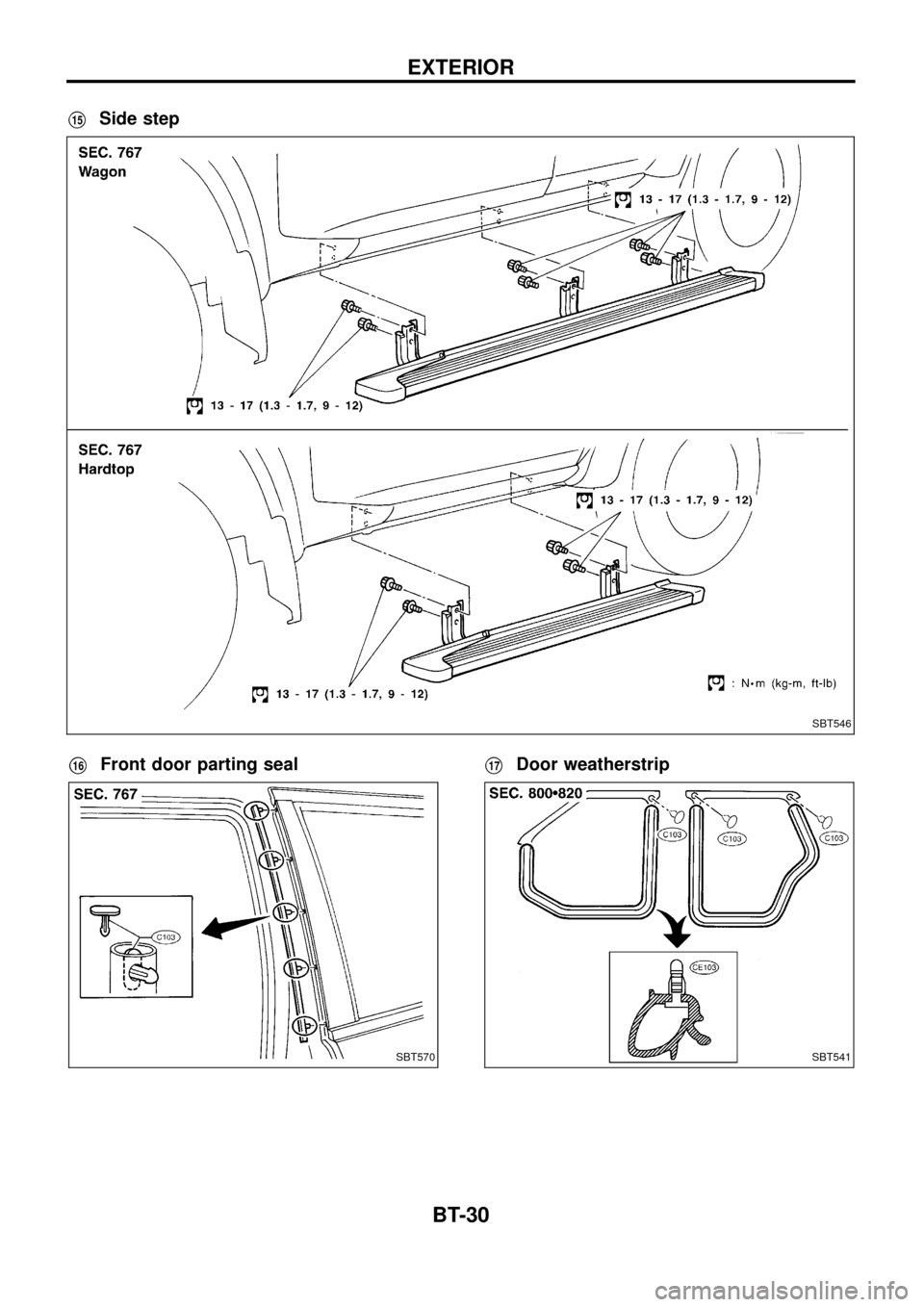 NISSAN PATROL 1998 Y61 / 5.G Body Workshop Manual V15Side step
V16Front door parting sealV17Door weatherstrip
SBT546
SBT570SBT541
EXTERIOR
BT-30 