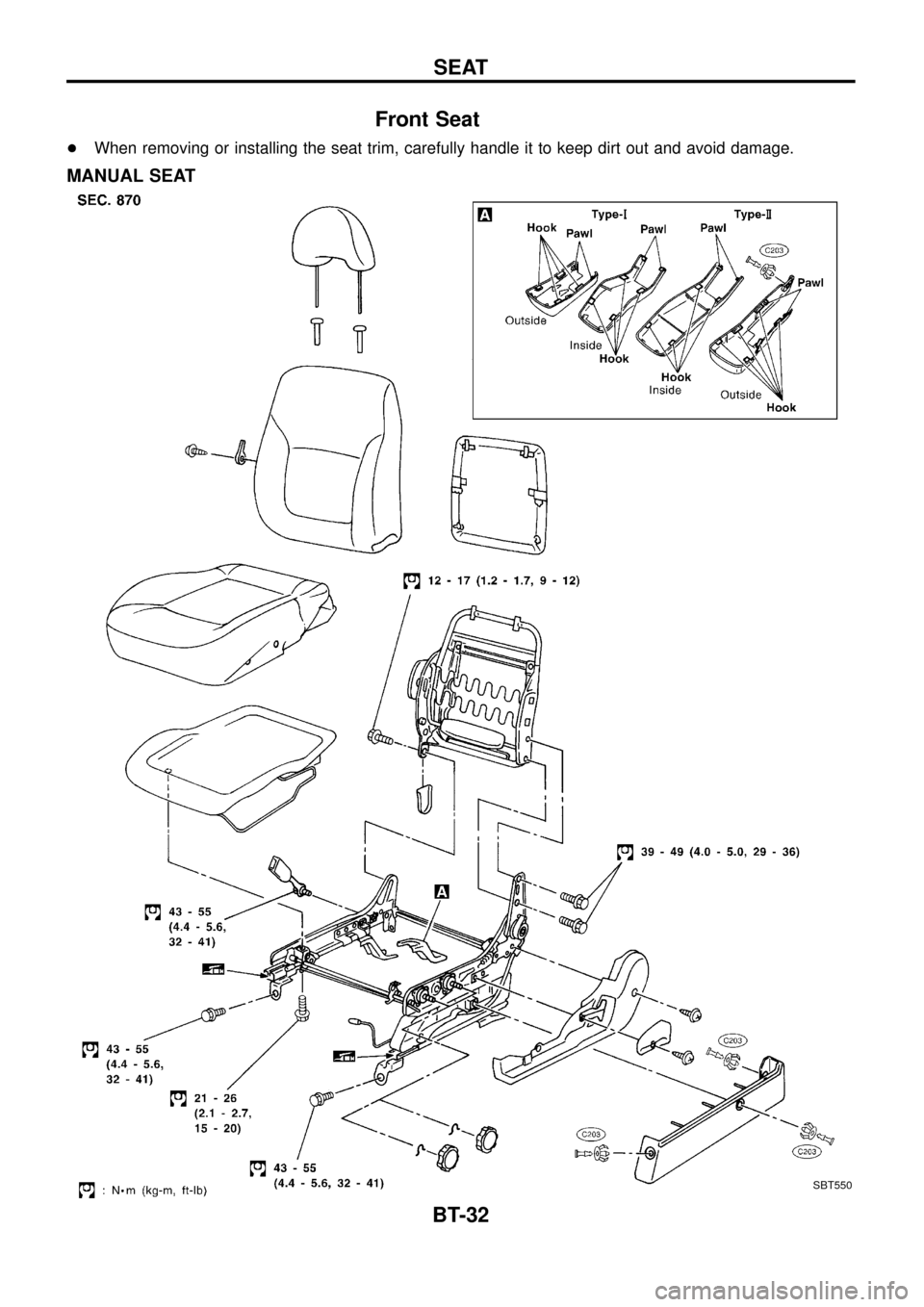 NISSAN PATROL 1998 Y61 / 5.G Body Workshop Manual Front Seat
+When removing or installing the seat trim, carefully handle it to keep dirt out and avoid damage.
MANUAL SEAT
SBT550
SEAT
BT-32 