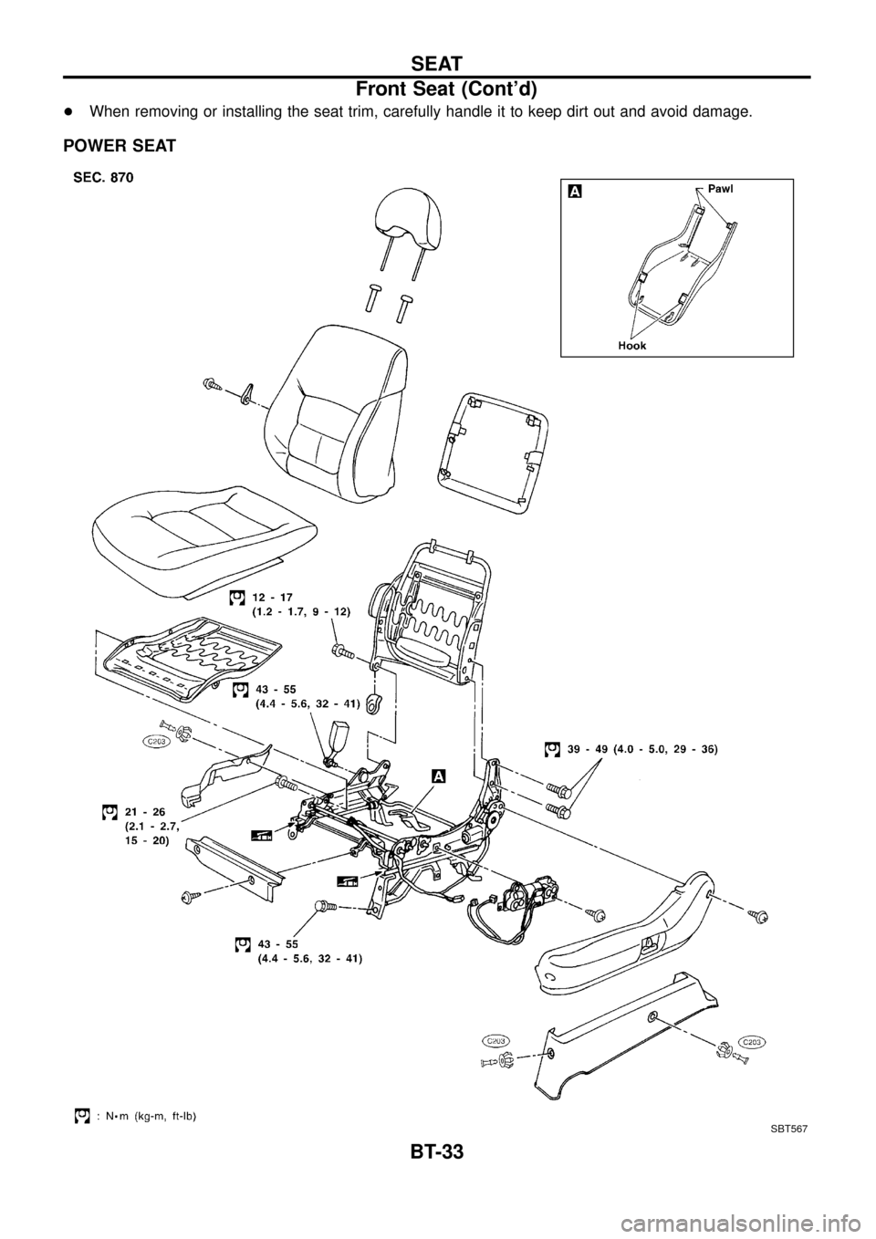 NISSAN PATROL 1998 Y61 / 5.G Body Workshop Manual +When removing or installing the seat trim, carefully handle it to keep dirt out and avoid damage.
POWER SEAT
SBT567
SEAT
Front Seat (Contd)
BT-33 