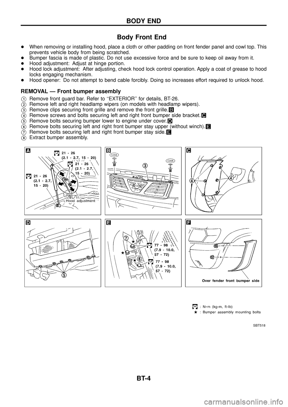 NISSAN PATROL 1998 Y61 / 5.G Body Workshop Manual Body Front End
+When removing or installing hood, place a cloth or other padding on front fender panel and cowl top. This
prevents vehicle body from being scratched.
+Bumper fascia is made of plastic.