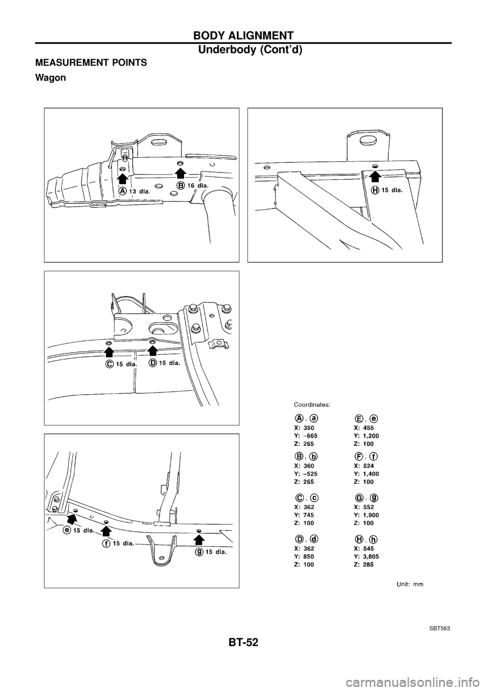 NISSAN PATROL 1998 Y61 / 5.G Body Workshop Manual MEASUREMENT POINTS
Wagon
SBT563
BODY ALIGNMENT
Underbody (Contd)
BT-52 