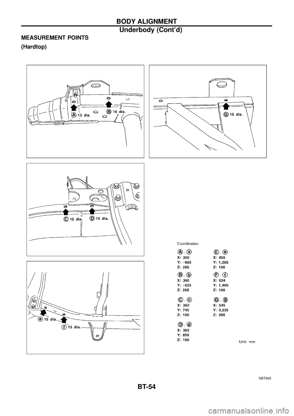NISSAN PATROL 1998 Y61 / 5.G Body Workshop Manual MEASUREMENT POINTS
(Hardtop)
SBT565
BODY ALIGNMENT
Underbody (Contd)
BT-54 