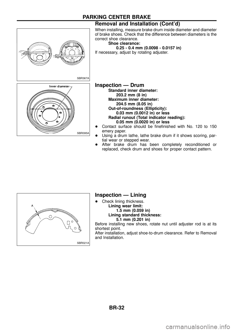 NISSAN PATROL 1998 Y61 / 5.G Brake System Workshop Manual When installing, measure brake drum inside diameter and diameter
of brake shoes. Check that the difference between diameters is the
correct shoe clearance.Shoe clearance:0.25 - 0.4 mm (0.0098 - 0.0157 NISSAN PATROL 1998 Y61 / 5.G Brake System Workshop Manual When installing, measure brake drum inside diameter and diameter
of brake shoes. Check that the difference between diameters is the
correct shoe clearance.Shoe clearance:0.25 - 0.4 mm (0.0098 - 0.0157