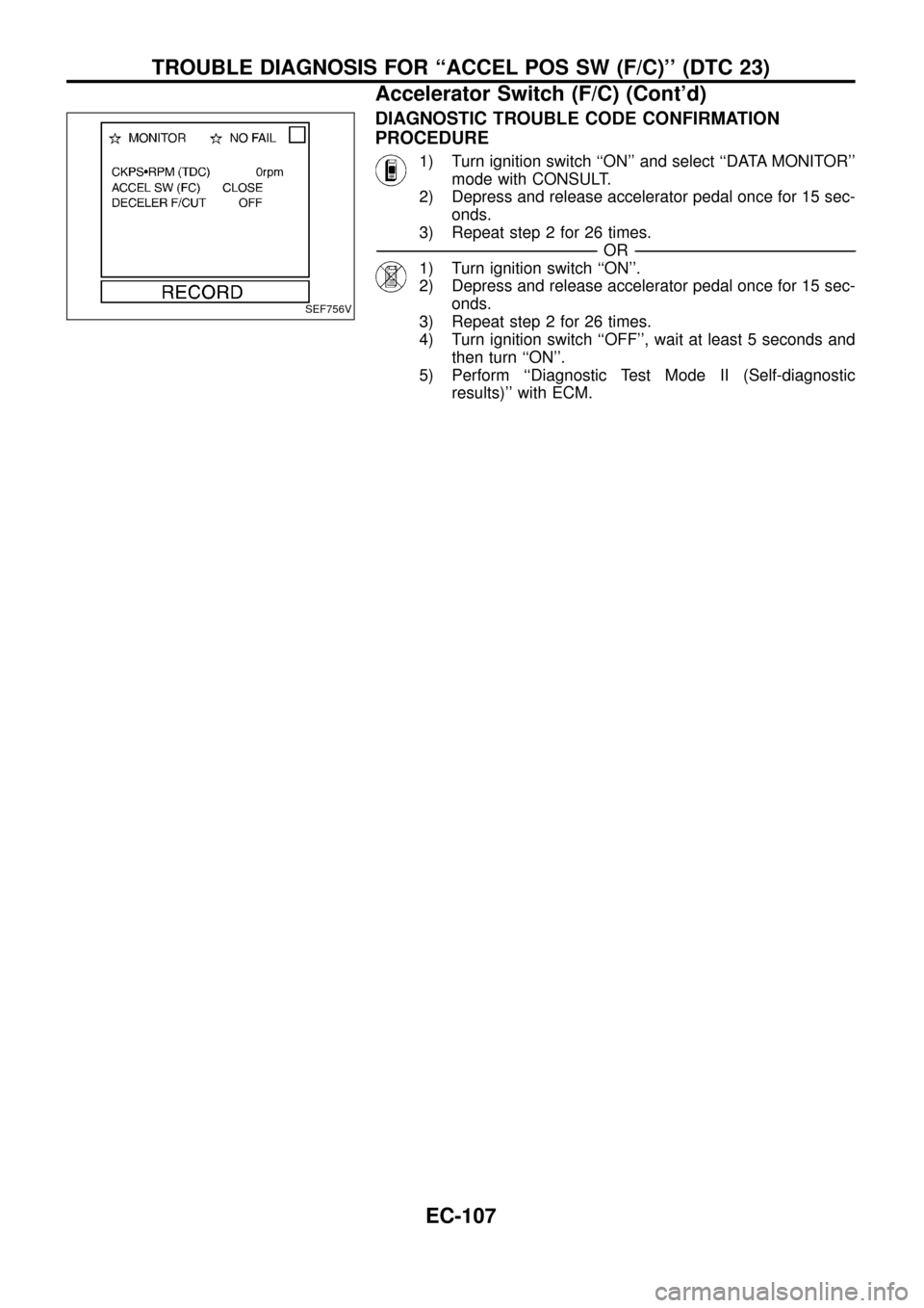 NISSAN PATROL 1998 Y61 / 5.G Engine Control Workshop Manual DIAGNOSTIC TROUBLE CODE CONFIRMATION
PROCEDURE
1) Turn ignition switch ``ON and select ``DATA MONITOR
mode with CONSULT.
2) Depress and release accelerator pedal once for 15 sec-
onds.
3) Repeat s