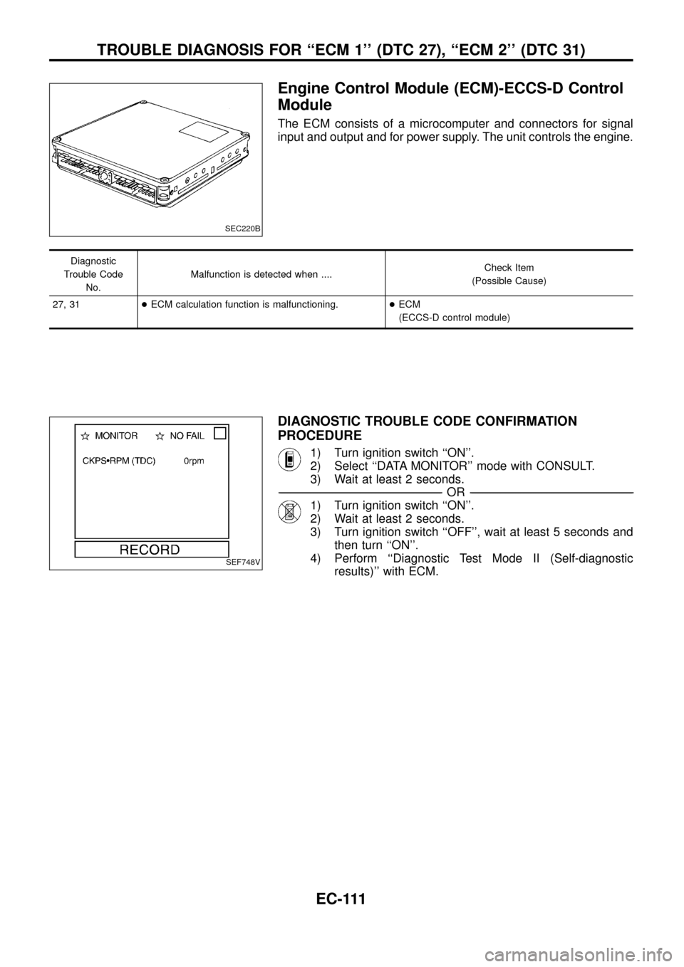 NISSAN PATROL 1998 Y61 / 5.G Engine Control Workshop Manual Engine Control Module (ECM)-ECCS-D Control
Module
The ECM consists of a microcomputer and connectors for signal
input and output and for power supply. The unit controls the engine.
Diagnostic
Trouble 