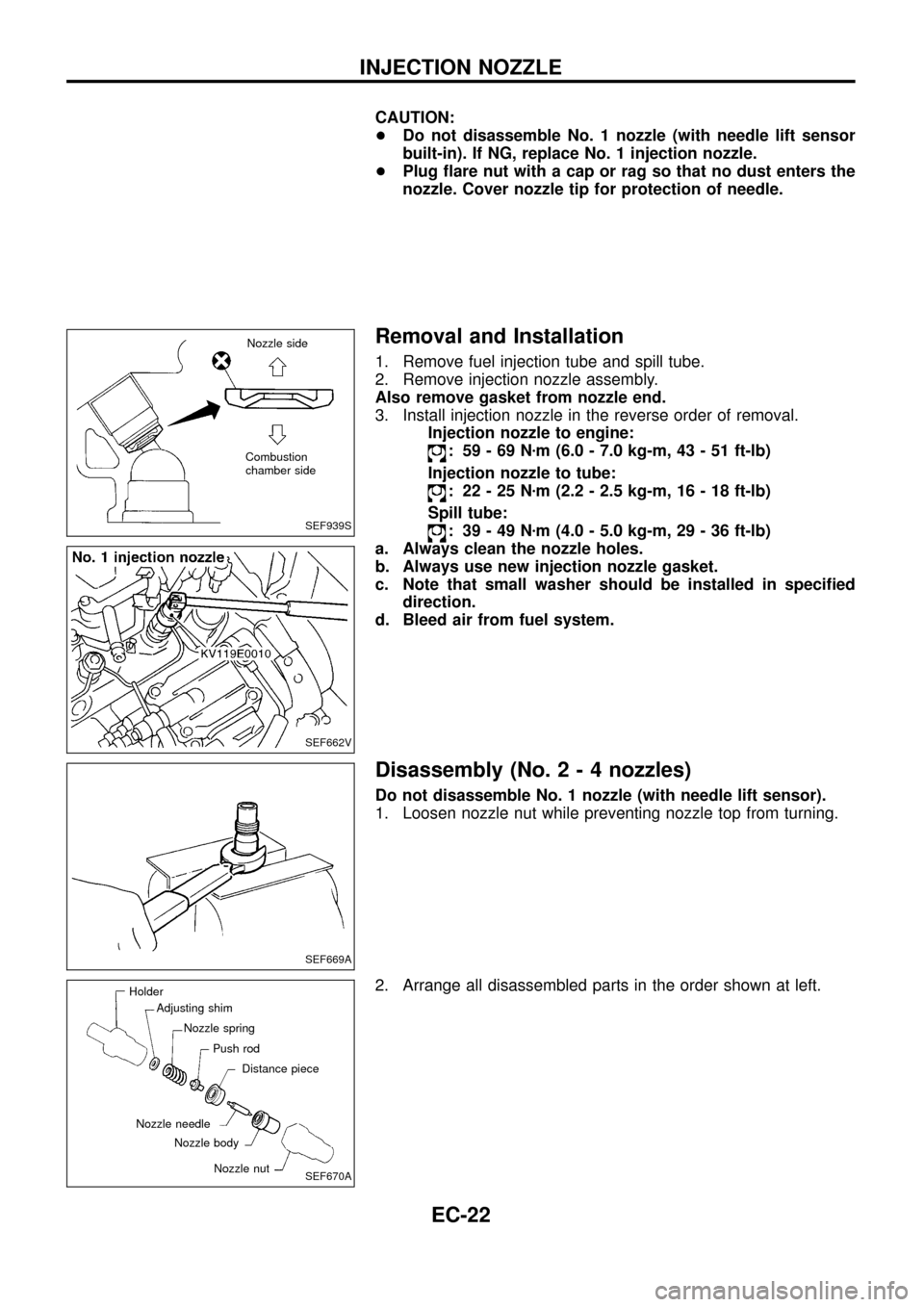 NISSAN PATROL 1998 Y61 / 5.G Engine Control Workshop Manual CAUTION:
+Do not disassemble No. 1 nozzle (with needle lift sensor
built-in). If NG, replace No. 1 injection nozzle.
+Plug ¯are nut with a cap or rag so that no dust enters the
nozzle. Cover nozzle t