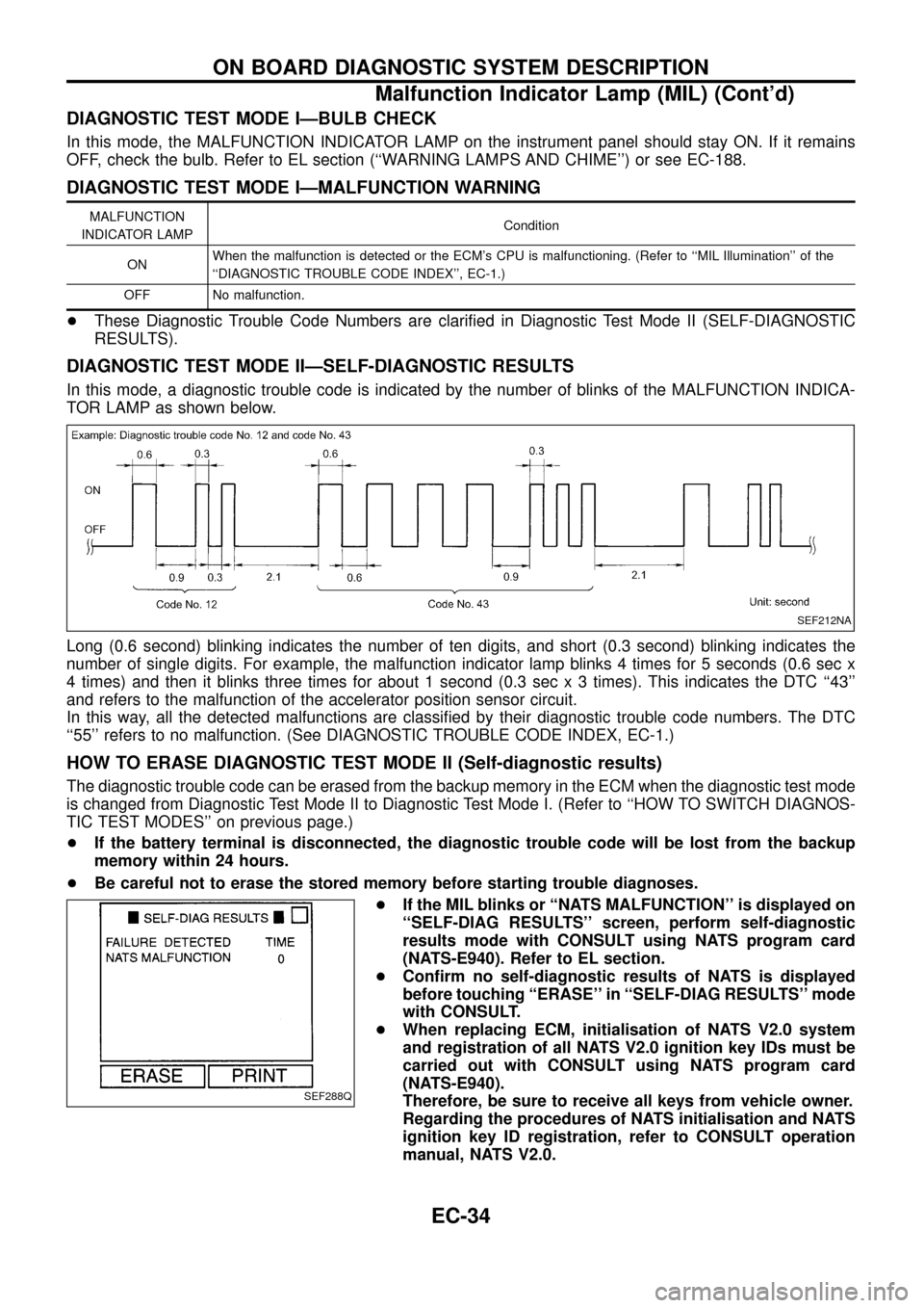 NISSAN PATROL 1998 Y61 / 5.G Engine Control Workshop Manual DIAGNOSTIC TEST MODE IÐBULB CHECK
In this mode, the MALFUNCTION INDICATOR LAMP on the instrument panel should stay ON. If it remains
OFF, check the bulb. Refer to EL section (``WARNING LAMPS AND CHIM