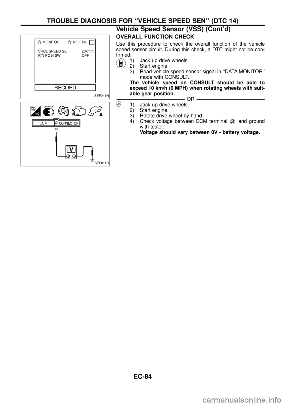NISSAN PATROL 1998 Y61 / 5.G Engine Control Workshop Manual OVERALL FUNCTION CHECK
Use this procedure to check the overall function of the vehicle
speed sensor circuit. During this check, a DTC might not be con-
®rmed.
1) Jack up drive wheels.
2) Start engine NISSAN PATROL 1998 Y61 / 5.G Engine Control Workshop Manual OVERALL FUNCTION CHECK
Use this procedure to check the overall function of the vehicle
speed sensor circuit. During this check, a DTC might not be con-
®rmed.
1) Jack up drive wheels.
2) Start engine
