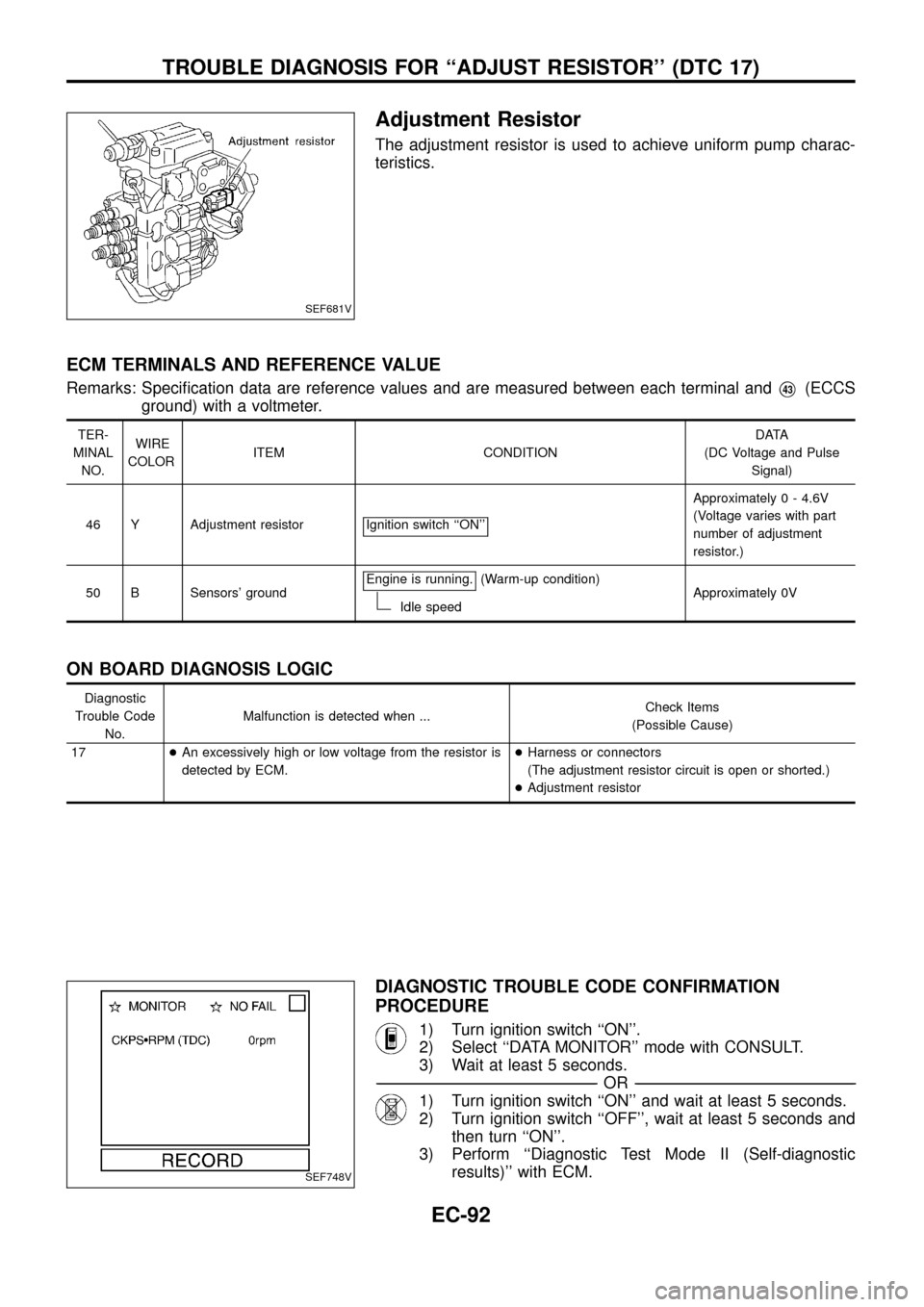 NISSAN PATROL 1998 Y61 / 5.G Engine Control Workshop Manual Adjustment Resistor
The adjustment resistor is used to achieve uniform pump charac-
teristics.
ECM TERMINALS AND REFERENCE VALUE
Remarks: Speci®cation data are reference values and are measured betwe NISSAN PATROL 1998 Y61 / 5.G Engine Control Workshop Manual Adjustment Resistor
The adjustment resistor is used to achieve uniform pump charac-
teristics.
ECM TERMINALS AND REFERENCE VALUE
Remarks: Speci®cation data are reference values and are measured betwe