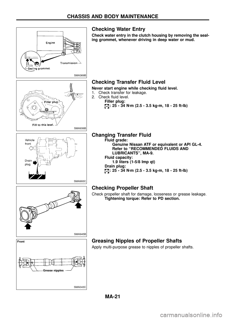 NISSAN PATROL 1998 Y61 / 5.G Maintenance Workshop Manual Checking Water Entry
Check water entry in the clutch housing by removing the seal-
ing grommet, whenever driving in deep water or mud.
Checking Transfer Fluid Level
Never start engine while checking 