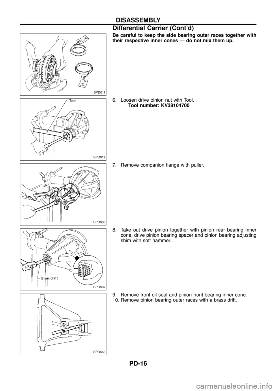 NISSAN PATROL 1998 Y61 / 5.G Propeller Shaft And Differential Carrier Workshop Manual Be careful to keep the side bearing outer races together with
their respective inner cones Ð do not mix them up.
6. Loosen drive pinion nut with Tool.
Tool number: KV38104700
7. Remove companion ¯an