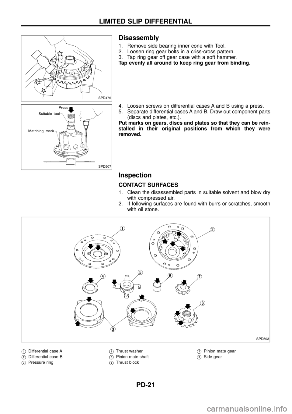 NISSAN PATROL 1998 Y61 / 5.G Propeller Shaft And Differential Carrier Workshop Manual Disassembly
1. Remove side bearing inner cone with Tool.
2. Loosen ring gear bolts in a criss-cross pattern.
3. Tap ring gear off gear case with a soft hammer.
Tap evenly all around to keep ring gear 