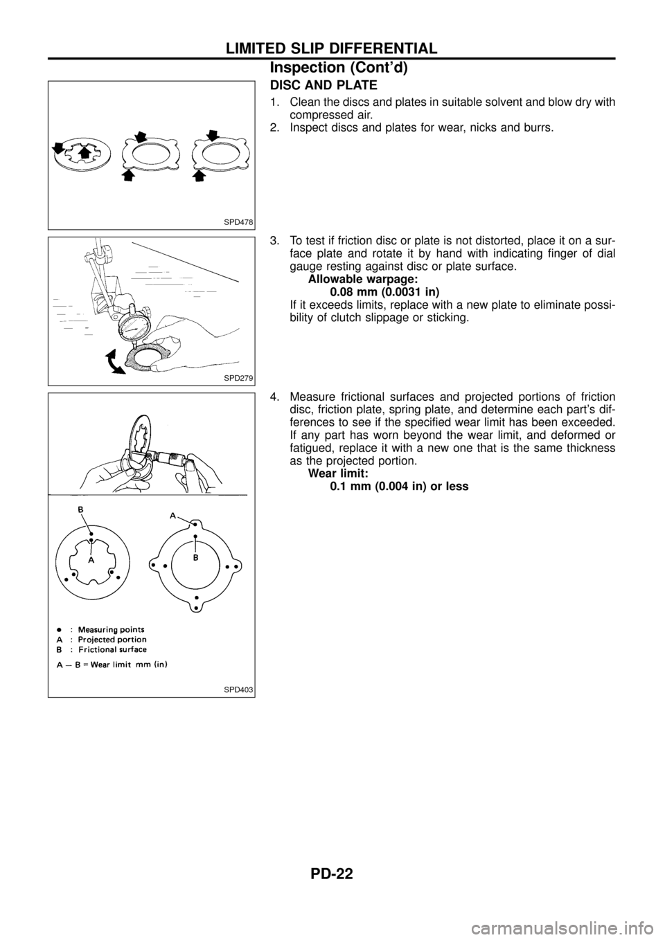 NISSAN PATROL 1998 Y61 / 5.G Propeller Shaft And Differential Carrier Workshop Manual DISC AND PLATE
1. Clean the discs and plates in suitable solvent and blow dry with
compressed air.
2. Inspect discs and plates for wear, nicks and burrs.
3. To test if friction disc or plate is not di