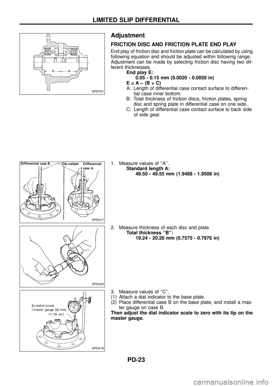 NISSAN PATROL 1998 Y61 / 5.G Propeller Shaft And Differential Carrier Workshop Manual Adjustment
FRICTION DISC AND FRICTION PLATE END PLAY
End play of friction disc and friction plate can be calculated by using
following equation and should be adjusted within following range.
Adjustmen NISSAN PATROL 1998 Y61 / 5.G Propeller Shaft And Differential Carrier Workshop Manual Adjustment
FRICTION DISC AND FRICTION PLATE END PLAY
End play of friction disc and friction plate can be calculated by using
following equation and should be adjusted within following range.
Adjustmen