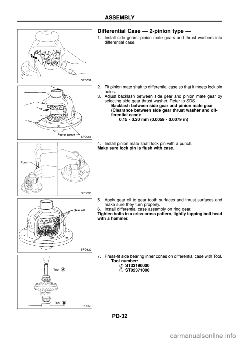 NISSAN PATROL 1998 Y61 / 5.G Propeller Shaft And Differential Carrier Workshop Manual Differential Case Ð 2-pinion type Ð
1. Install side gears, pinion mate gears and thrust washers into
differential case.
2. Fit pinion mate shaft to differential case so that it meets lock pin
holes.