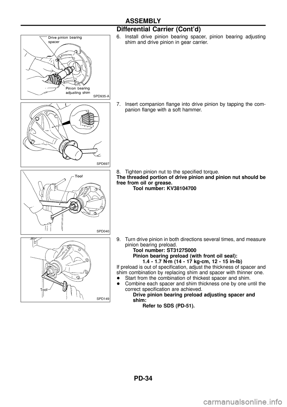 NISSAN PATROL 1998 Y61 / 5.G Propeller Shaft And Differential Carrier Workshop Manual 6. Install drive pinion bearing spacer, pinion bearing adjusting
shim and drive pinion in gear carrier.
7. Insert companion ¯ange into drive pinion by tapping the com-
panion ¯ange with a soft hamme NISSAN PATROL 1998 Y61 / 5.G Propeller Shaft And Differential Carrier Workshop Manual 6. Install drive pinion bearing spacer, pinion bearing adjusting
shim and drive pinion in gear carrier.
7. Insert companion ¯ange into drive pinion by tapping the com-
panion ¯ange with a soft hamme