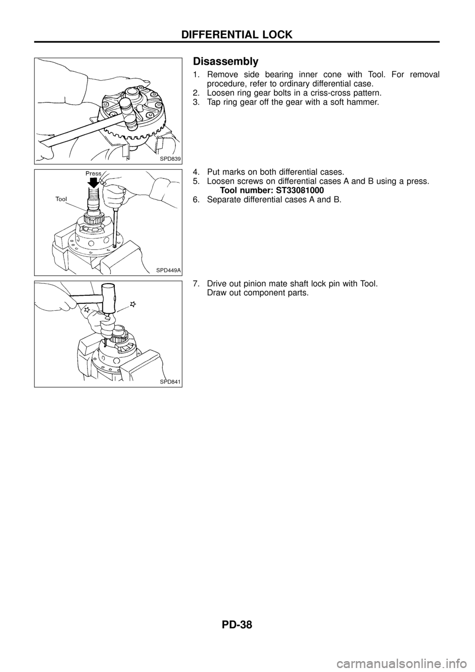 NISSAN PATROL 1998 Y61 / 5.G Propeller Shaft And Differential Carrier Workshop Manual Disassembly
1. Remove side bearing inner cone with Tool. For removal
procedure, refer to ordinary differential case.
2. Loosen ring gear bolts in a criss-cross pattern.
3. Tap ring gear off the gear w