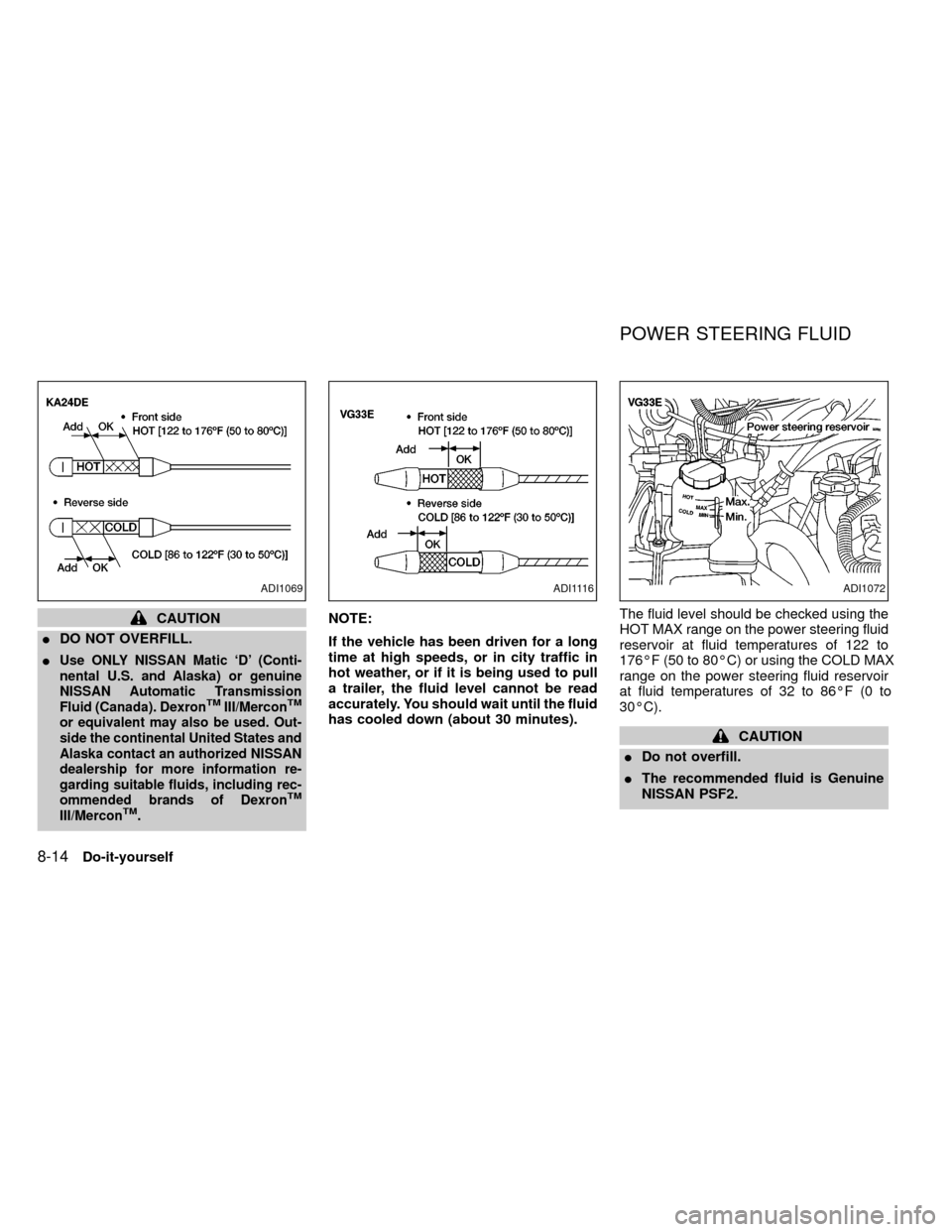 NISSAN FRONTIER 1999 D22 / 1.G Owners Manual CAUTION
IDO NOT OVERFILL.
I
Use ONLY NISSAN Matic `D (Conti-
nental U.S. and Alaska) or genuine
NISSAN Automatic Transmission
Fluid (Canada). Dexron
TMIII/MerconTM
or equivalent may also be used. Out