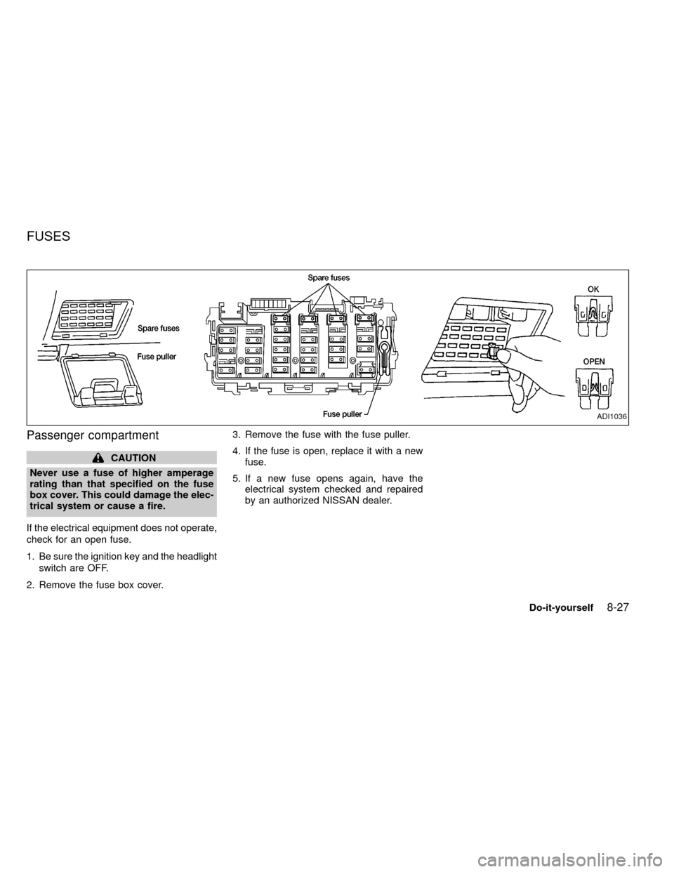 NISSAN FRONTIER 1999 D22 / 1.G Owners Manual Passenger compartment
CAUTION
Never use a fuse of higher amperage
rating than that specified on the fuse
box cover. This could damage the elec-
trical system or cause a fire.
If the electrical equipme