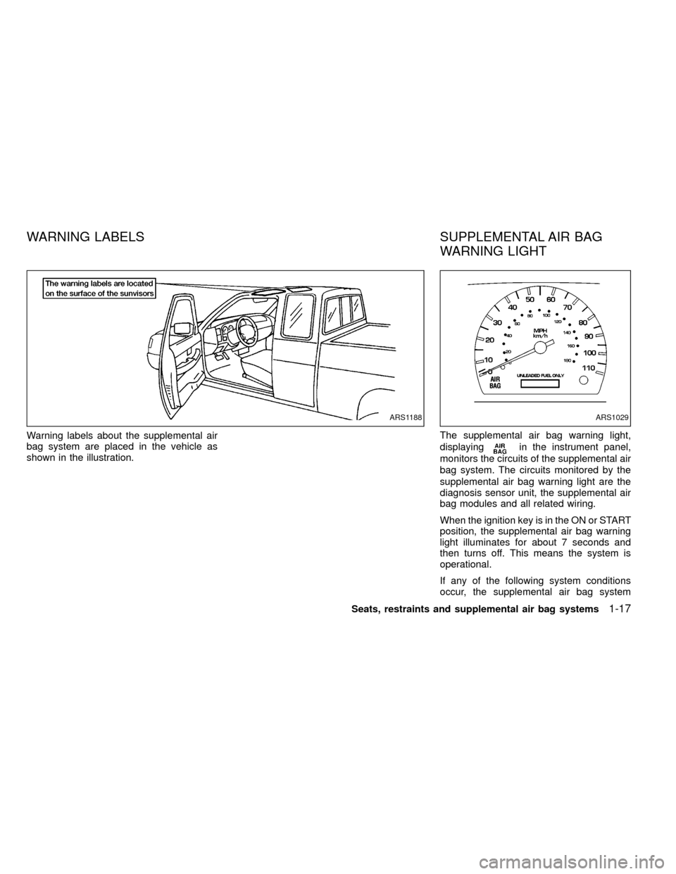 NISSAN FRONTIER 1999 D22 / 1.G Owners Manual Warning labels about the supplemental air
bag system are placed in the vehicle as
shown in the illustration.The supplemental air bag warning light,
displaying
in the instrument panel,
monitors the cir