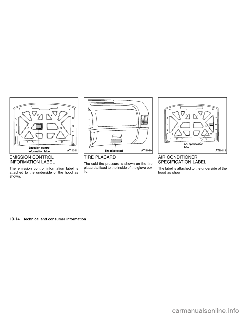 NISSAN FRONTIER 1999 D22 / 1.G Owners Manual EMISSION CONTROL
INFORMATION LABEL
The emission control information label is
attached to the underside of the hood as
shown.
TIRE PLACARD
The cold tire pressure is shown on the tire
placard affixed to