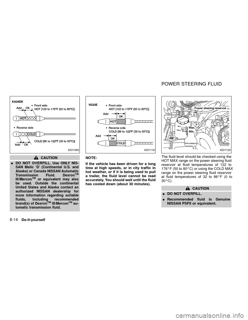 NISSAN FRONTIER 2000 D22 / 1.G Owners Manual CAUTION
IDO NOT OVERFILL.
Use ONLY NIS-
SAN Matic `D (Continental U.S. and
Alaska) or Canada NISSAN Automatic
Transmission Fluid. Dexron
TM
III/MerconTMor equivalent may also
be used. Outside the con NISSAN FRONTIER 2000 D22 / 1.G Owners Manual CAUTION
IDO NOT OVERFILL.
Use ONLY NIS-
SAN Matic `D (Continental U.S. and
Alaska) or Canada NISSAN Automatic
Transmission Fluid. Dexron
TM
III/MerconTMor equivalent may also
be used. Outside the con