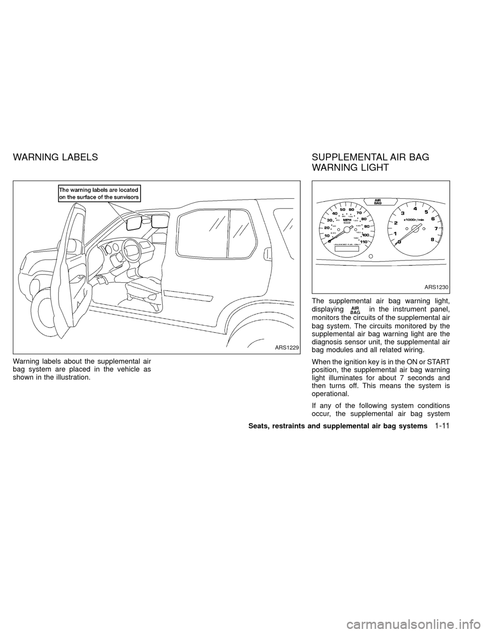 NISSAN XTERRA 2000 WD22 / 1.G Owners Manual Warning labels about the supplemental air
bag system are placed in the vehicle as
shown in the illustration.The supplemental air bag warning light,
displaying
in the instrument panel,
monitors the cir