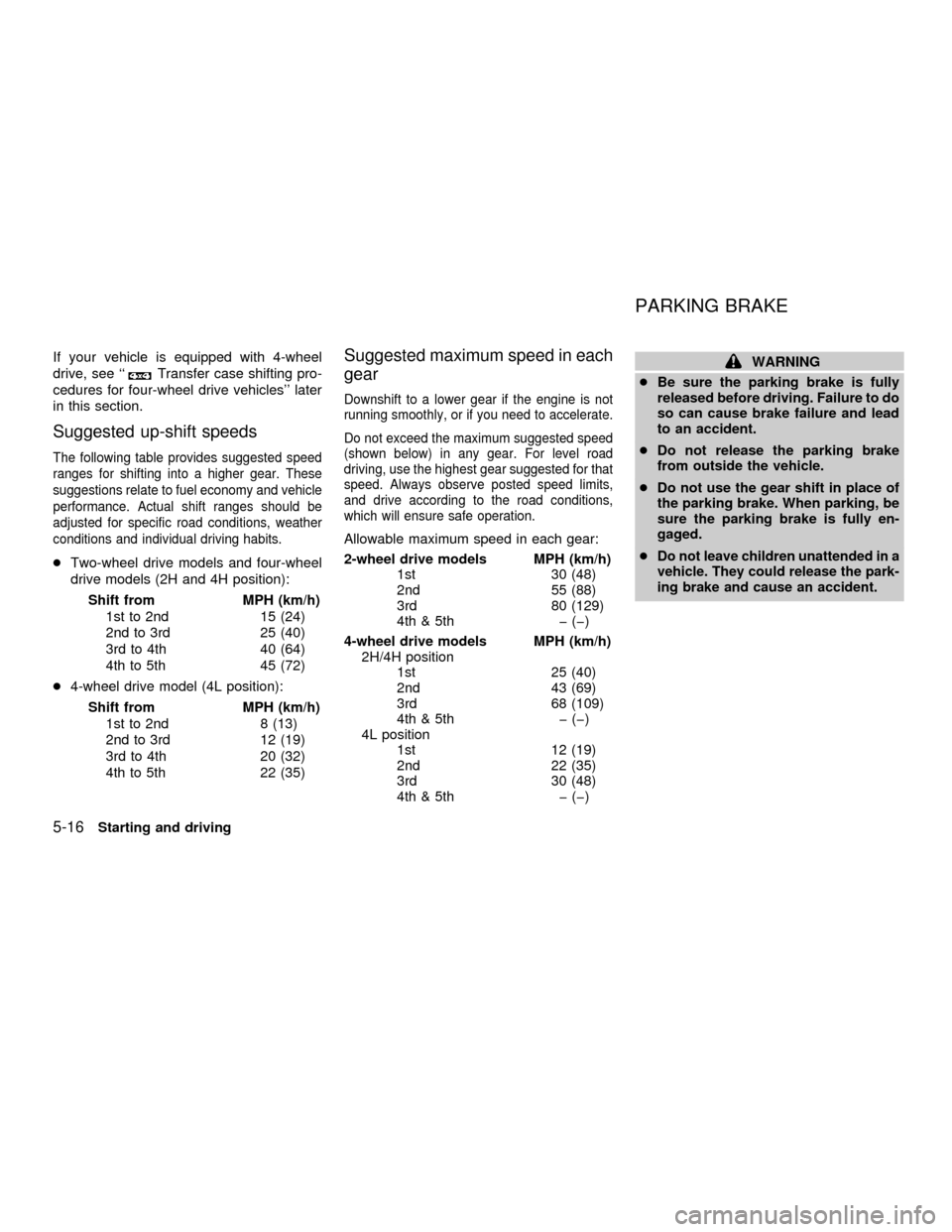 NISSAN FRONTIER 2001 D22 / 1.G Owners Manual If your vehicle is equipped with 4-wheel
drive, see ``
Transfer case shifting pro-
cedures for four-wheel drive vehicles later
in this section.
Suggested up-shift speeds
The following table provides NISSAN FRONTIER 2001 D22 / 1.G Owners Manual If your vehicle is equipped with 4-wheel
drive, see ``
Transfer case shifting pro-
cedures for four-wheel drive vehicles later
in this section.
Suggested up-shift speeds
The following table provides