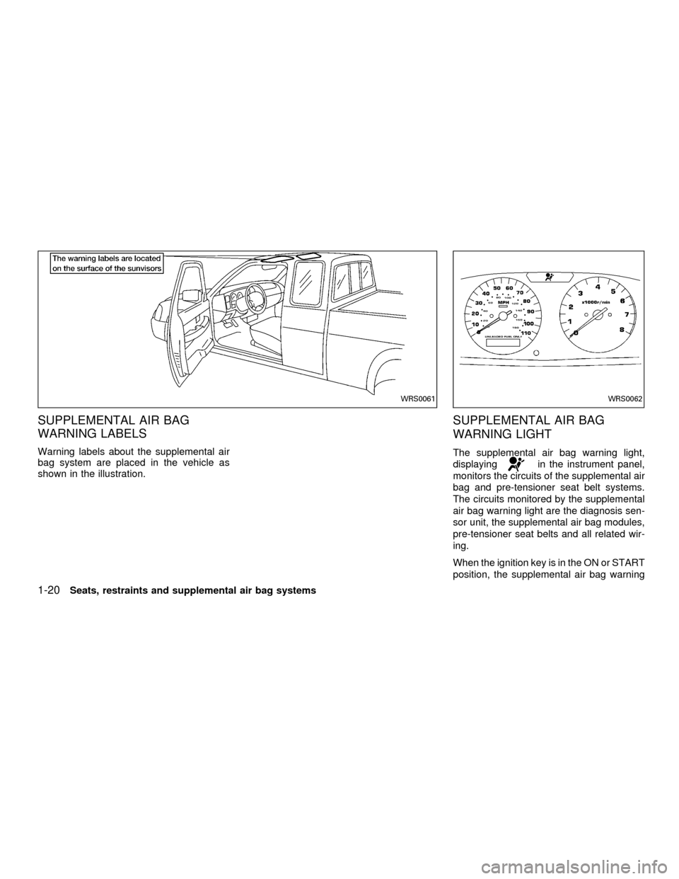 NISSAN FRONTIER 2001 D22 / 1.G Owners Manual SUPPLEMENTAL AIR BAG
WARNING LABELS
Warning labels about the supplemental air
bag system are placed in the vehicle as
shown in the illustration.
SUPPLEMENTAL AIR BAG
WARNING LIGHT
The supplemental air