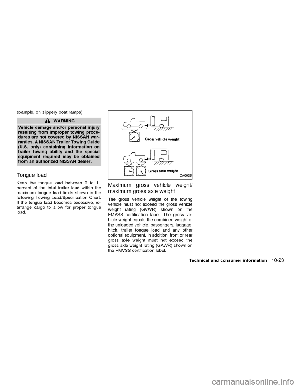 NISSAN FRONTIER 2001 D22 / 1.G Owners Manual example, on slippery boat ramps).
WARNING
Vehicle damage and/or personal injury
resulting from improper towing proce-
dures are not covered by NISSAN war-
ranties. A NISSAN Trailer Towing Guide
(U.S. NISSAN FRONTIER 2001 D22 / 1.G Owners Manual example, on slippery boat ramps).
WARNING
Vehicle damage and/or personal injury
resulting from improper towing proce-
dures are not covered by NISSAN war-
ranties. A NISSAN Trailer Towing Guide
(U.S.