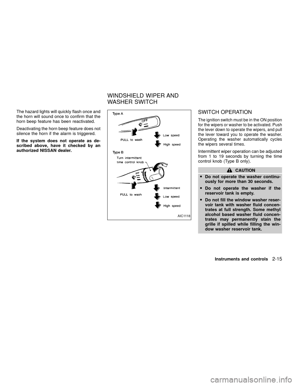 NISSAN XTERRA 2001 WD22 / 1.G Owners Manual The hazard lights will quickly flash once and
the horn will sound once to confirm that the
horn beep feature has been reactivated.
Deactivating the horn beep feature does not
silence the horn if the a