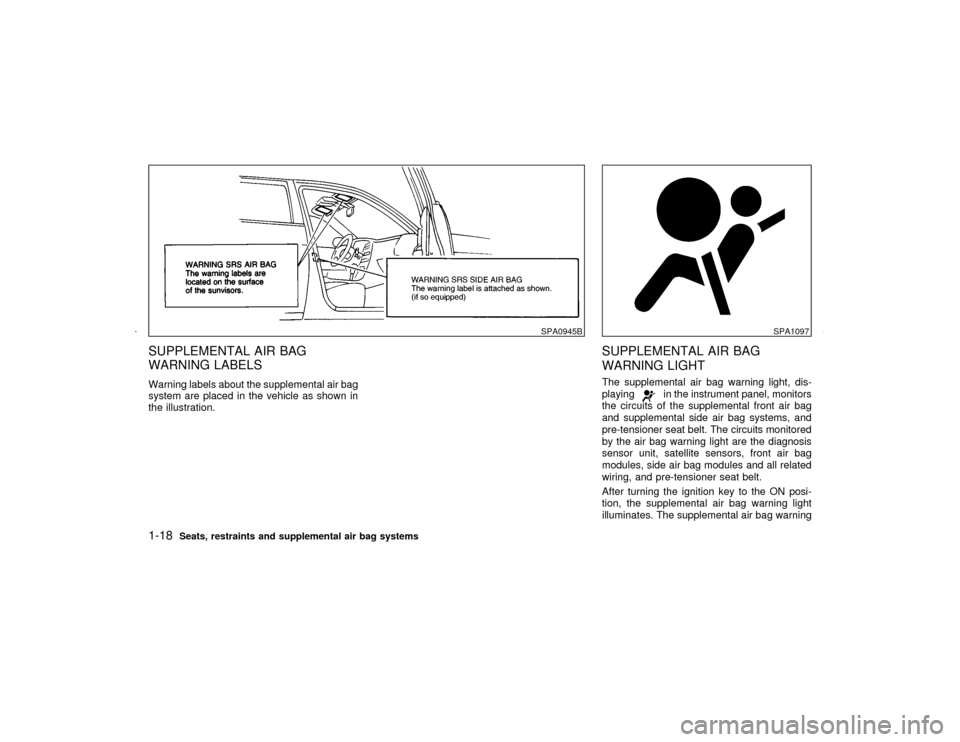 NISSAN MAXIMA 2002 A33 / 5.G Owners Manual SUPPLEMENTAL AIR BAG
WARNING LABELSWarning labels about the supplemental air bag
system are placed in the vehicle as shown in
the illustration.
SUPPLEMENTAL AIR BAG
WARNING LIGHTThe supplemental air b