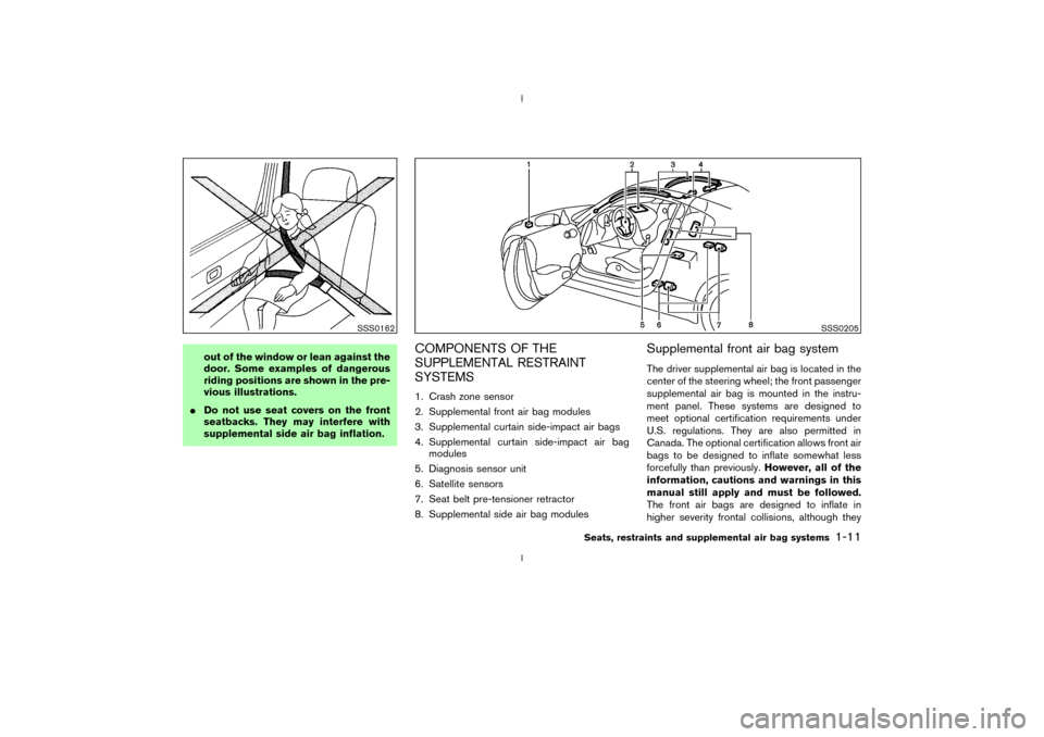 NISSAN 350Z 2003 Z33 Owners Manual out of the window or lean against the
door. Some examples of dangerous
riding positions are shown in the pre-
vious illustrations.
IDo not use seat covers on the front
seatbacks. They may interfere wi NISSAN 350Z 2003 Z33 Owners Manual out of the window or lean against the
door. Some examples of dangerous
riding positions are shown in the pre-
vious illustrations.
IDo not use seat covers on the front
seatbacks. They may interfere wi