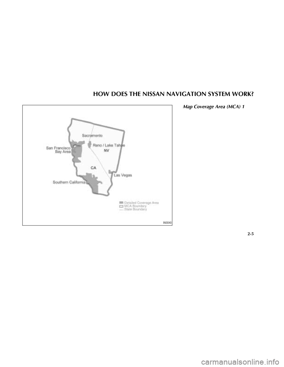 NISSAN MAXIMA 2003 A33 / 5.G Navigation Manual Map Coverage Area (MCA) 1
INI0040
HOW DOES THE NISSAN NAVIGATION SYSTEM WORK?
2-5 
