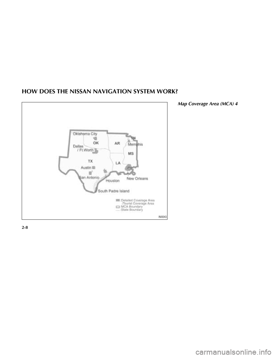 NISSAN MAXIMA 2003 A33 / 5.G Navigation Manual Map Coverage Area (MCA) 4
INI0043
HOW DOES THE NISSAN NAVIGATION SYSTEM WORK?
2-8 