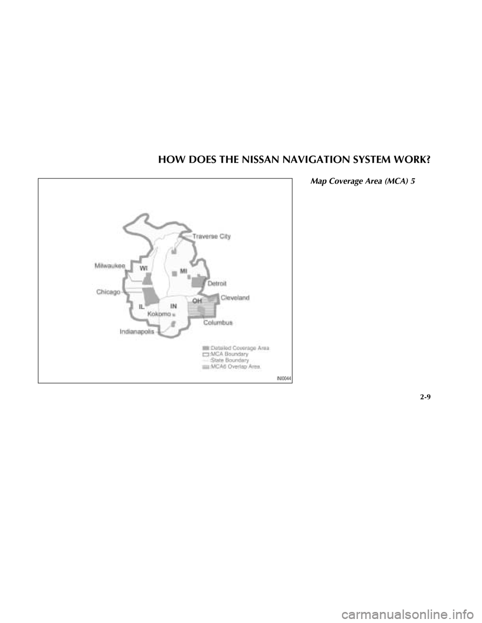NISSAN MAXIMA 2003 A33 / 5.G Navigation Manual Map Coverage Area (MCA) 5
INI0044
HOW DOES THE NISSAN NAVIGATION SYSTEM WORK?
2-9 