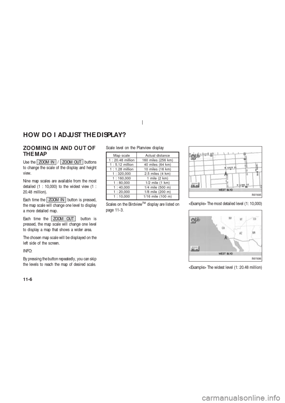 NISSAN 350Z 2004 Z33 Navigation Manual ZOOMING IN AND OUT OF
THE MAP
Use the ZOOM IN / ZOOM OUT buttons
to change the scale of the display and height
view.
Nine map scales are available from the most
detailed (1 : 10,000) to the widest vie