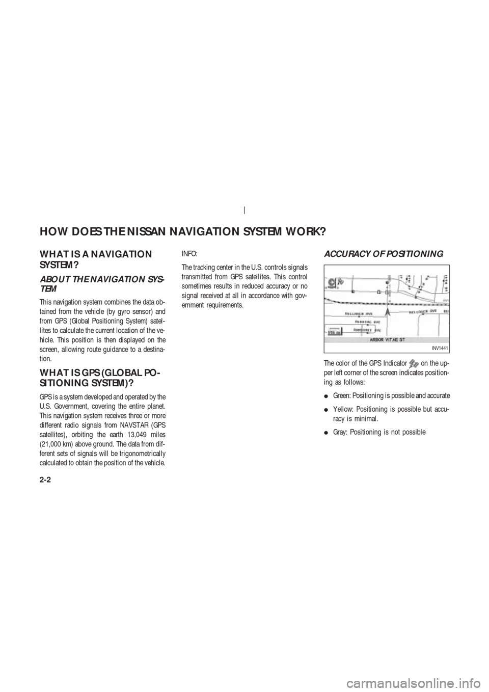 NISSAN 350Z 2004 Z33 Navigation Manual WHA T IS A NA VIGA TION
SYSTEM?
ABOUT THE NAVIGATION SYS-
TEM
This navigation system combines the data ob-
tained from the vehicle (by gyro sensor) and
from GPS (Global Positioning System) satel-
lite