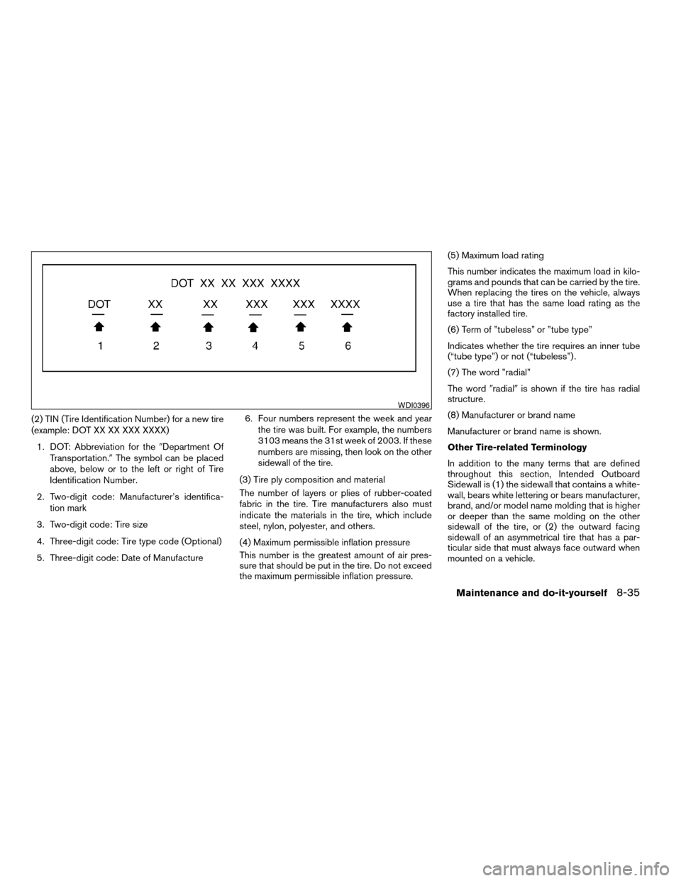 NISSAN ARMADA 2004 1.G Owners Manual (2) TIN (Tire Identification Number) for a new tire
(example: DOT XX XX XXX XXXX)
1. DOT: Abbreviation for the9Department Of
Transportation.9The symbol can be placed
above, below or to the left or rig NISSAN ARMADA 2004 1.G Owners Manual (2) TIN (Tire Identification Number) for a new tire
(example: DOT XX XX XXX XXXX)
1. DOT: Abbreviation for the9Department Of
Transportation.9The symbol can be placed
above, below or to the left or rig