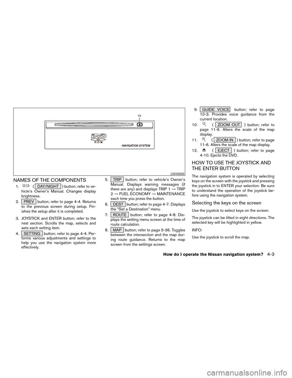 NISSAN MAXIMA 2004 A34 / 6.G Navigation Manual NAMES OF THE COMPONENTS
1.( DAY/NIGHT ) button; refer to ve-
hicle’s Owner’s Manual. Changes display
brightness.
2. PREV button; refer to page 4-4. Returns
to the previous screen during setup. Fin NISSAN MAXIMA 2004 A34 / 6.G Navigation Manual NAMES OF THE COMPONENTS
1.( DAY/NIGHT ) button; refer to ve-
hicle’s Owner’s Manual. Changes display
brightness.
2. PREV button; refer to page 4-4. Returns
to the previous screen during setup. Fin