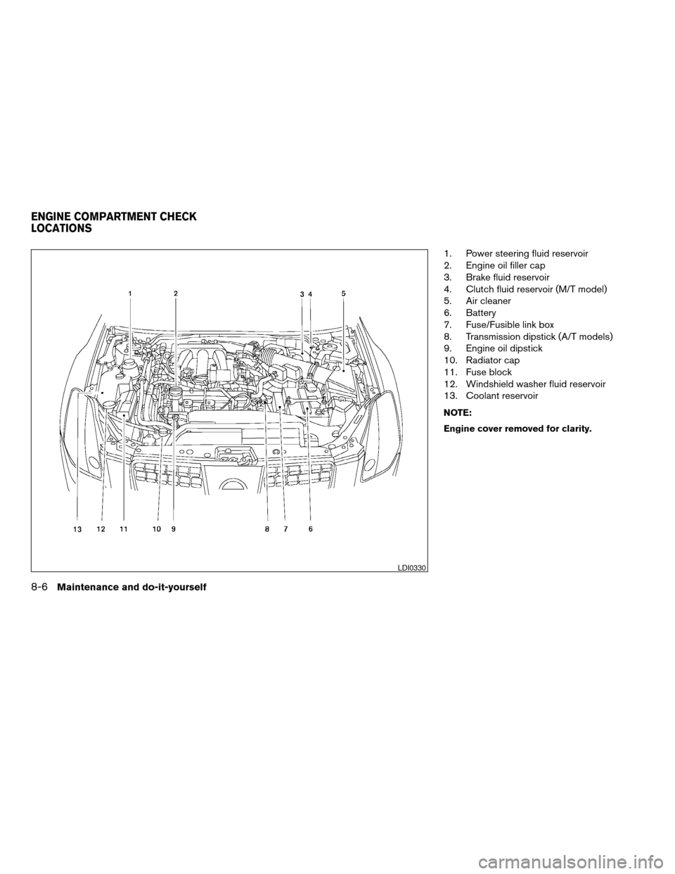 NISSAN MAXIMA 2004 A34 / 6.G Owners Manual 1. Power steering fluid reservoir
2. Engine oil filler cap
3. Brake fluid reservoir
4. Clutch fluid reservoir (M/T model)
5. Air cleaner
6. Battery
7. Fuse/Fusible link box
8. Transmission dipstick (A