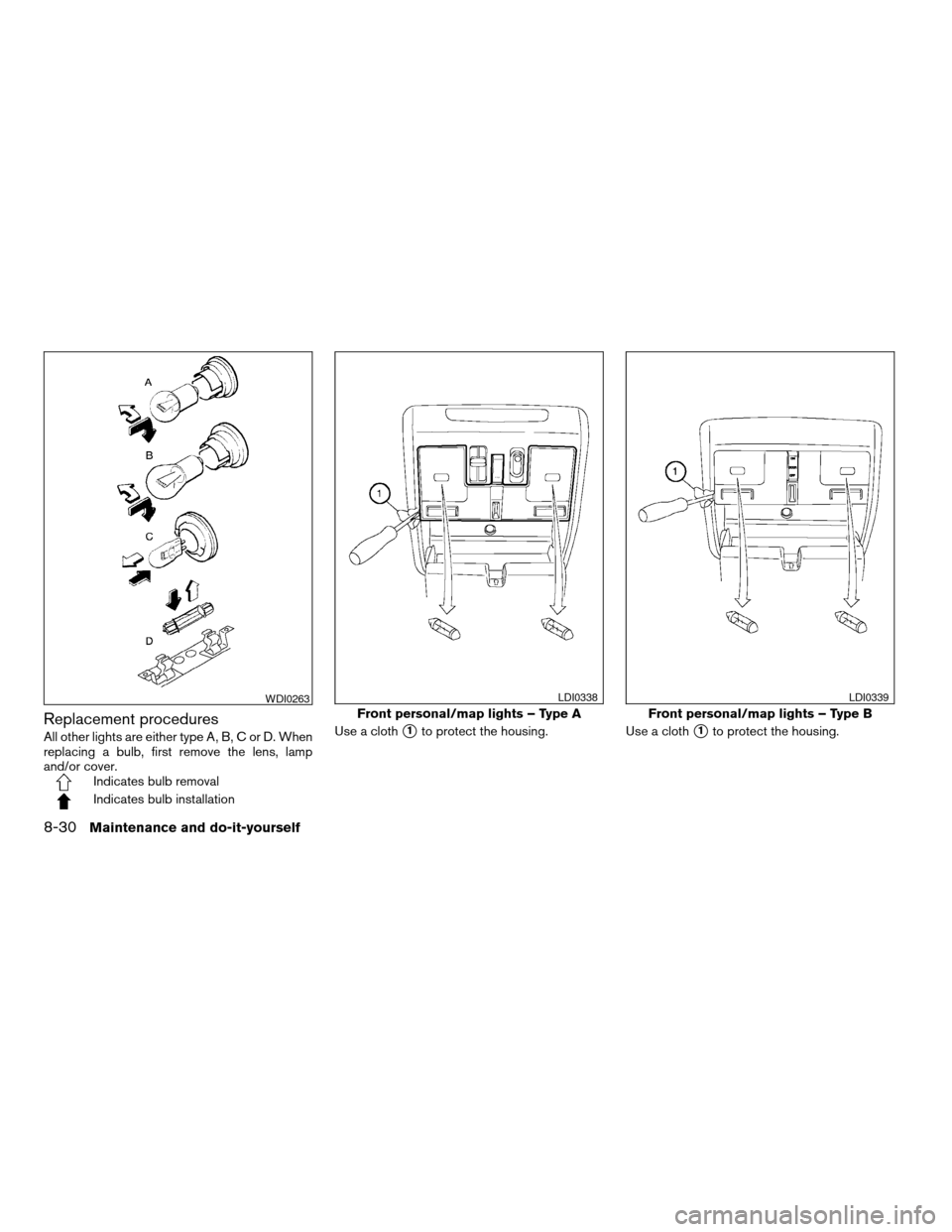 NISSAN MAXIMA 2004 A34 / 6.G Owners Manual Replacement procedures
All other lights are either type A, B, C or D. When
replacing a bulb, first remove the lens, lamp
and/or cover.
Indicates bulb removal
Indicates bulb installationUse a cloth
s1t