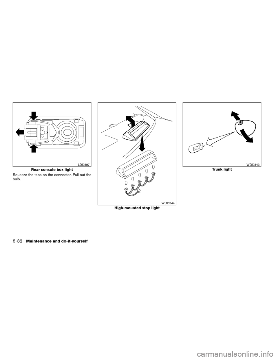 NISSAN MAXIMA 2004 A34 / 6.G Owners Manual Squeeze the tabs on the connector. Pull out the
bulb.
Rear console box light
LDI0397
High-mounted stop light
WDI0344
Trunk light
WDI0343
8-32Maintenance and do-it-yourself
ZREVIEW COPY:Ð2004 Maxima(m
