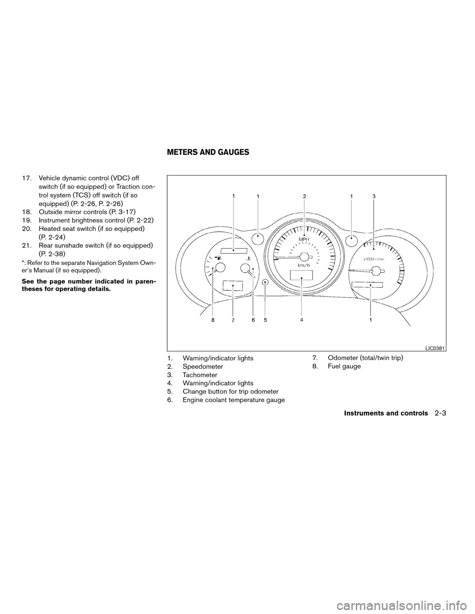 NISSAN MAXIMA 2004 A34 / 6.G Owners Manual 17. Vehicle dynamic control (VDC) off
switch (if so equipped) or Traction con-
trol system (TCS) off switch (if so
equipped) (P. 2-26, P. 2-26)
18. Outside mirror controls (P. 3-17)
19. Instrument bri