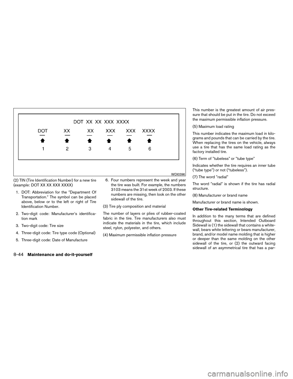 NISSAN SENTRA 2004 B15 / 5.G Owners Manual (2) TIN (Tire Identification Number) for a new tire
(example: DOT XX XX XXX XXXX)
1. DOT: Abbreviation for the9Department Of
Transportation.9The symbol can be placed
above, below or to the left or rig NISSAN SENTRA 2004 B15 / 5.G Owners Manual (2) TIN (Tire Identification Number) for a new tire
(example: DOT XX XX XXX XXXX)
1. DOT: Abbreviation for the9Department Of
Transportation.9The symbol can be placed
above, below or to the left or rig