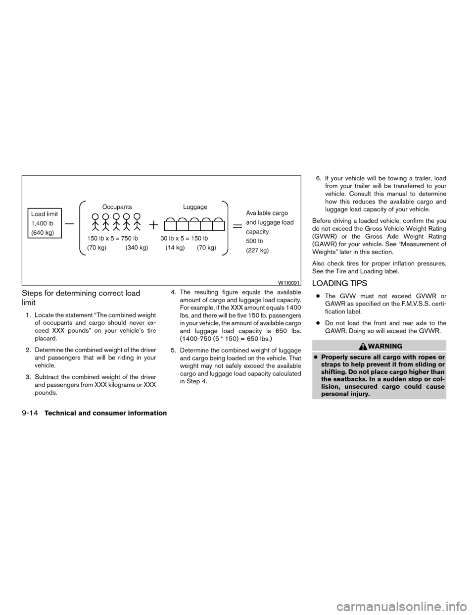 NISSAN SENTRA 2004 B15 / 5.G Owners Manual Steps for determining correct load
limit
1. Locate the statement “The combined weight
of occupants and cargo should never ex-
ceed XXX pounds” on your vehicle’s tire
placard.
2. Determine the co NISSAN SENTRA 2004 B15 / 5.G Owners Manual Steps for determining correct load
limit
1. Locate the statement “The combined weight
of occupants and cargo should never ex-
ceed XXX pounds” on your vehicle’s tire
placard.
2. Determine the co