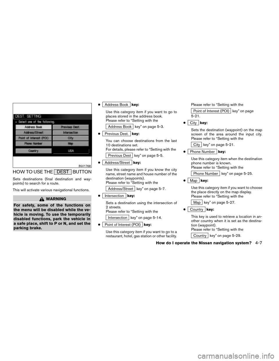 NISSAN TITAN 2004 1.G Navigation Manual HOW TO USE THE DEST BUTTON
Sets destinations (final destination and way-
points) to search for a route.
This will activate various navigational functions.
WARNING
For safety, some of the functions on
