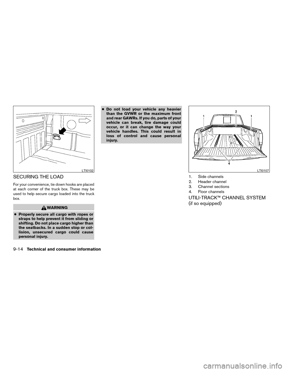 NISSAN TITAN 2004 1.G Owners Manual SECURING THE LOAD
For your convenience, tie down hooks are placed
at each corner of the truck box. These may be
used to help secure cargo loaded into the truck
box.
WARNING
cProperly secure all cargo 