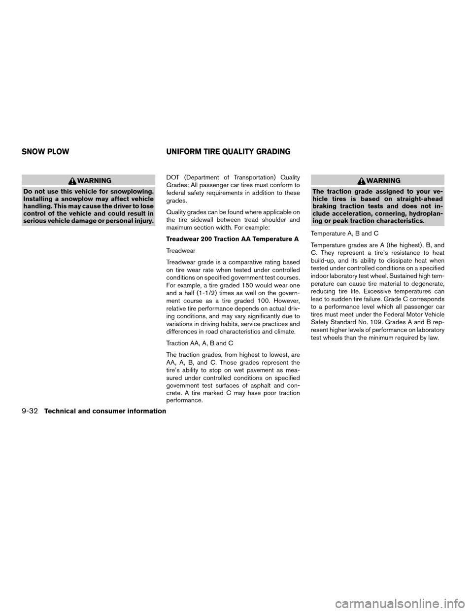 NISSAN TITAN 2004 1.G Owners Manual WARNING
Do not use this vehicle for snowplowing.
Installing a snowplow may affect vehicle
handling. This may cause the driver to lose
control of the vehicle and could result in
serious vehicle damage 