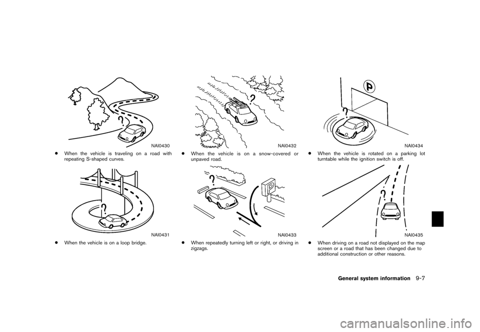 NISSAN XTERRA 2006 N50 / 2.G Navigation Manual 
NAI0430
*
When the vehicle is traveling on a road with
repeating S-shaped curves.
NAI0431
*
When the vehicle is on a loop bridge.
NAI0432
*
When the vehicle is on a snow-covered or
unpaved road.
NAI0
